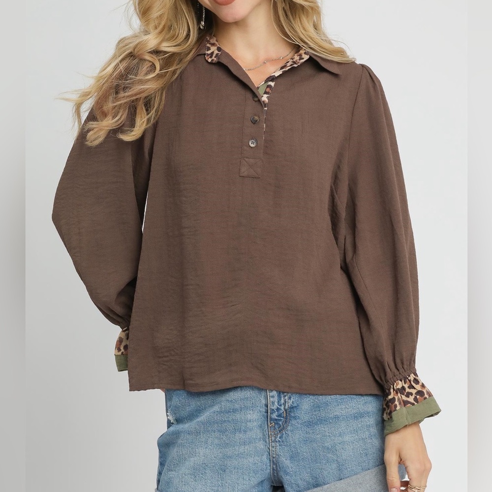 Half Button Blouse With Leopard Print Trim In Cho… - image 2